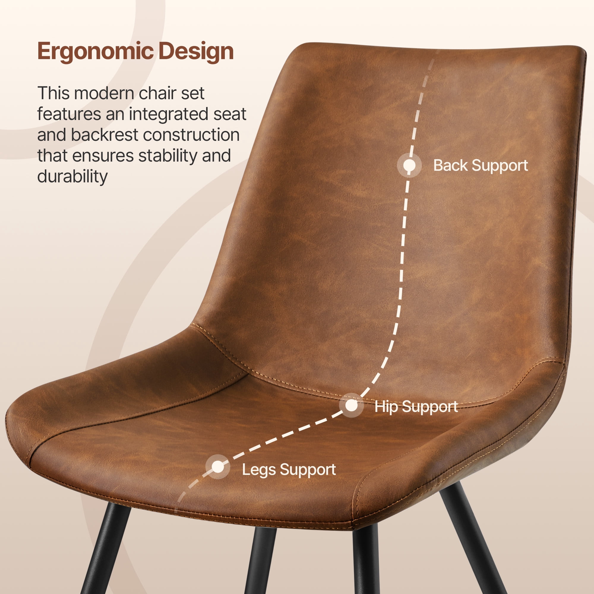 Alden Design 2PCS Faux Leather Dining Chairs with Metal Legs for Dining Room, Brown