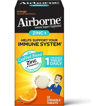 Airborne Vitamin C   Zinc Chewable Tablets, Chewable Zinc Immune Support Supplement - Non-GMO, Gluten & Gelatin Free, No Color Added, Naturally Flavored - 32 Chewable Tablets, Orange Flavor