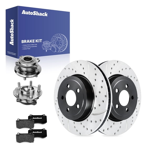 AutoShack Front Vented Drilled & Slotted E-Coated Brake Rotors   Ceramic Pads   Hub Bearing Assembly 8-PC Brake Kit Replacement for 2022-2023 Chrysler 300 ShadowGuard 13.58" (345 mm)