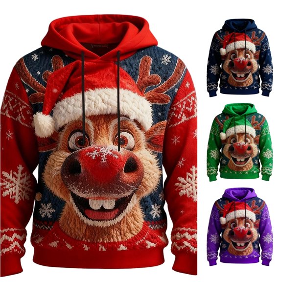 XIAOCHA Christmas Reindeer Hoodie Sweatshirt For Men Long Sleeve Snowflake Print Casual Pullover Top, Red, Sizes XXXL