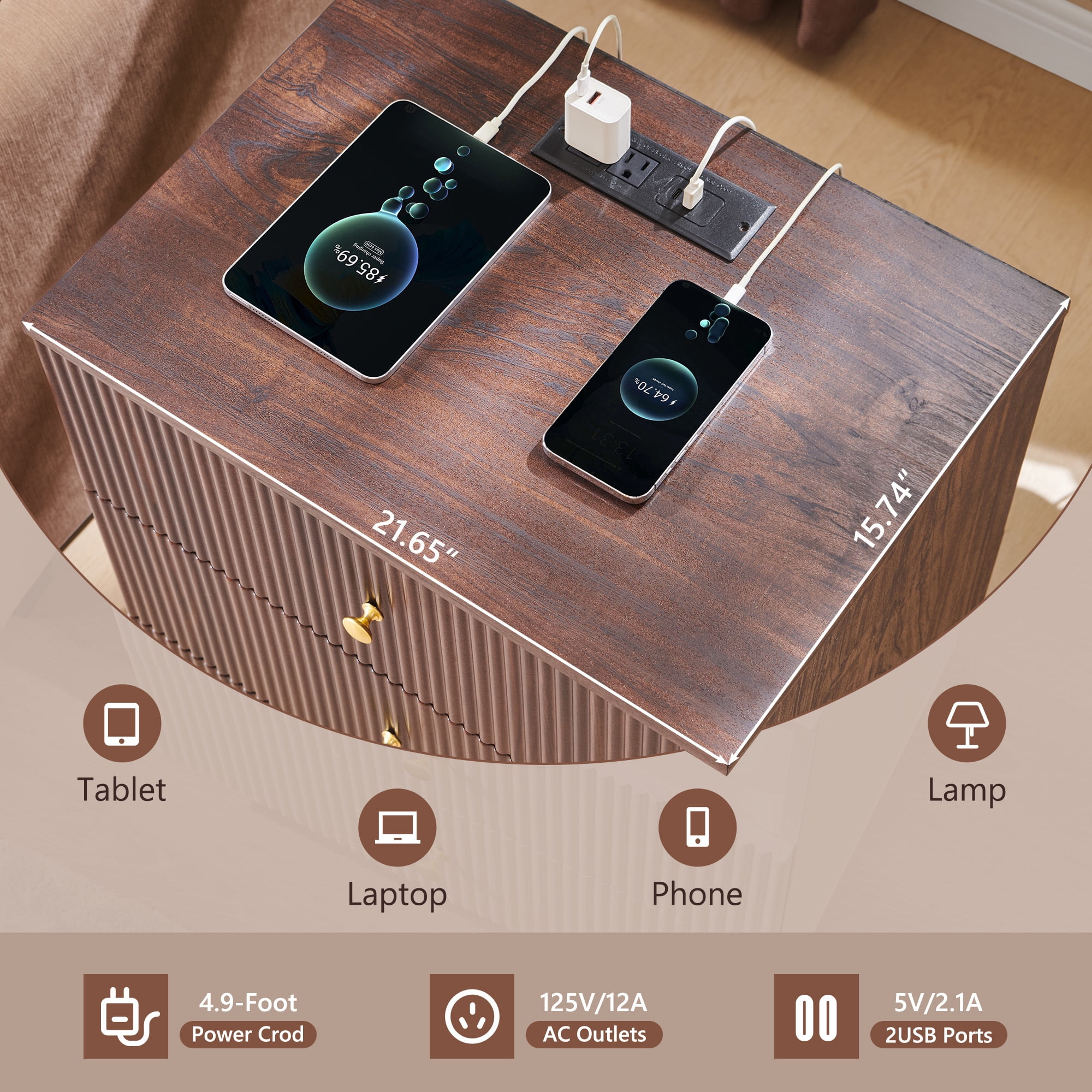 wow97e Modern Fluted Nightstand Set of 2 with Charging Station, 21.65" End Table with 3 Drawer, Bedside Table for Bedroom, Living Room