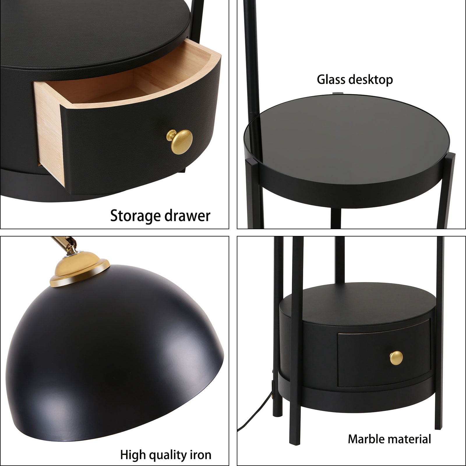 Wildnix Black and Gold Floor Lamp with Round Table, Modern Arched Design, E26 Bulb Support, Foot Switch, Ideal for Living Room & Bedroom