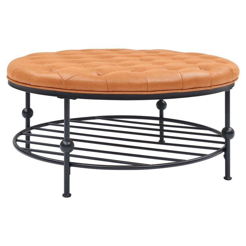 Partner Furniture 36" Round Faux Leather Tufted Cocktail Ottoman