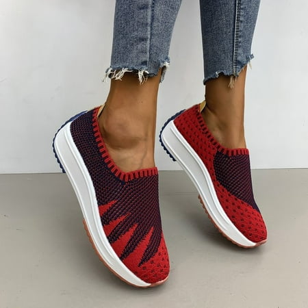 

Toyella Flyknit Breathable Shoes Wedge Sneakers Red 43