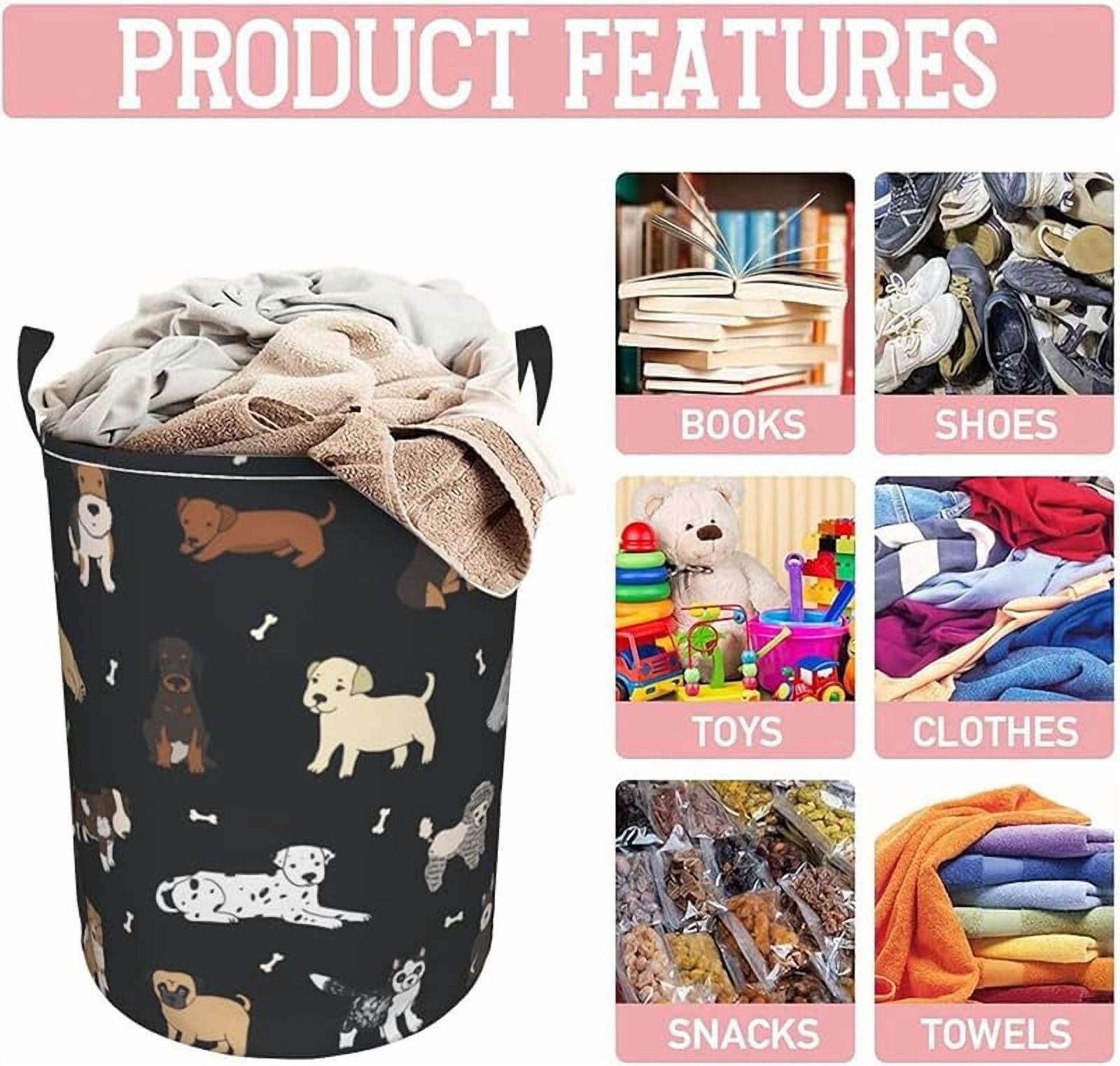 Cute Puppy Dogs Laundry Hamper Bag With Waterproof Liner - Pet Animals Round Laundry Basket Foldable Clothes Storage Organizer For Bathroom Bedroom Nursery Dorm
