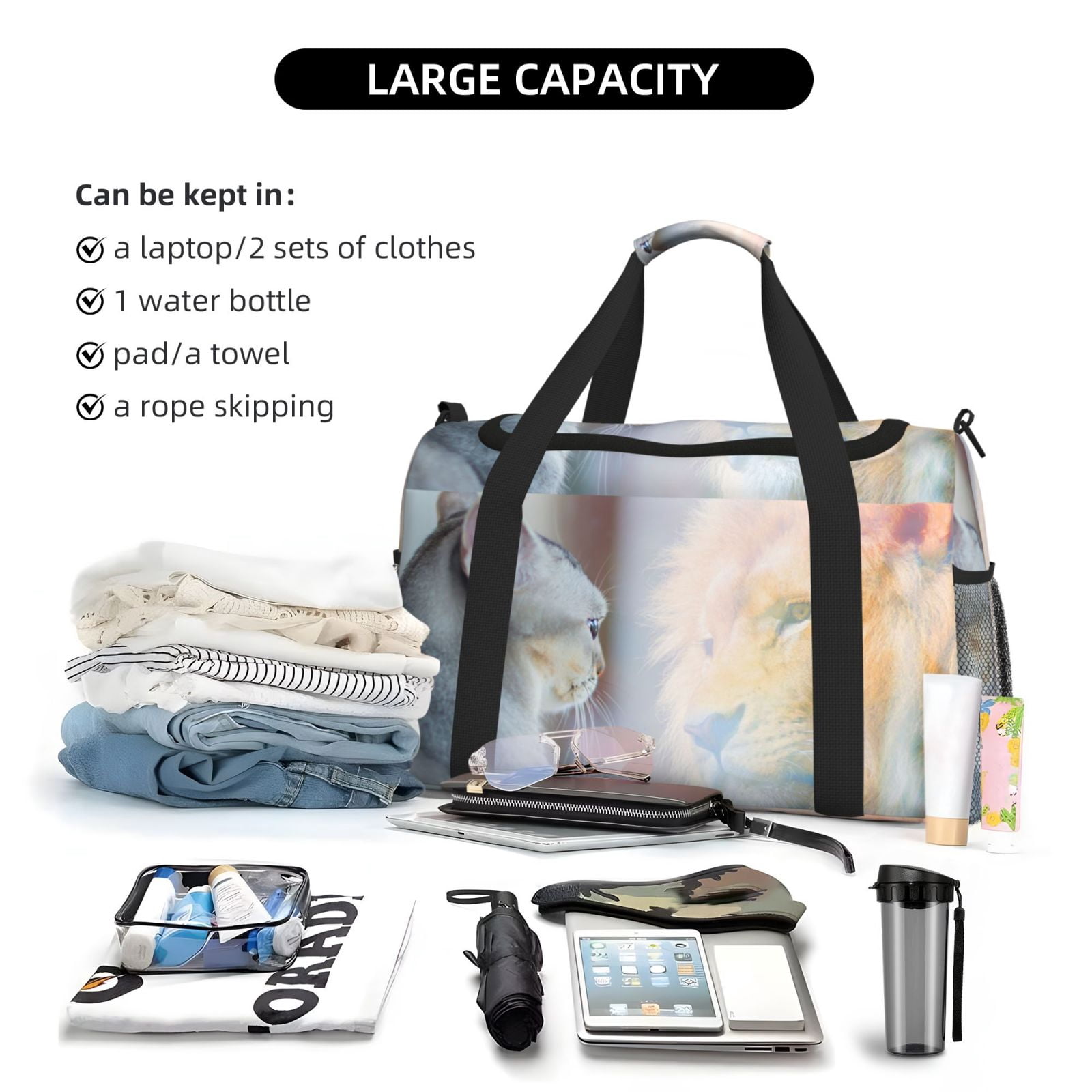 Fuzoiu The Cat Looks in the Mirror Print Travel Duffle Bag,Carry On Tote Bags,Duffel Bag,Sport Gym Bag, Hospital Bag for Labor and Delivery, Overnight Bag,Luggage Bag