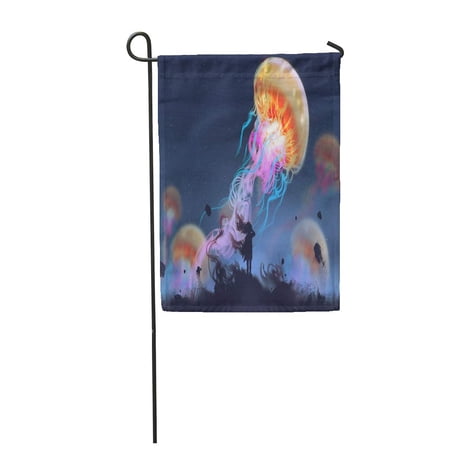 SIDONKU Blue Silhouette Girl Looking at Giant Jellyfish Floating in The Sky Digital Big Garden Flag Decorative Flag House Banner 28x40 inch