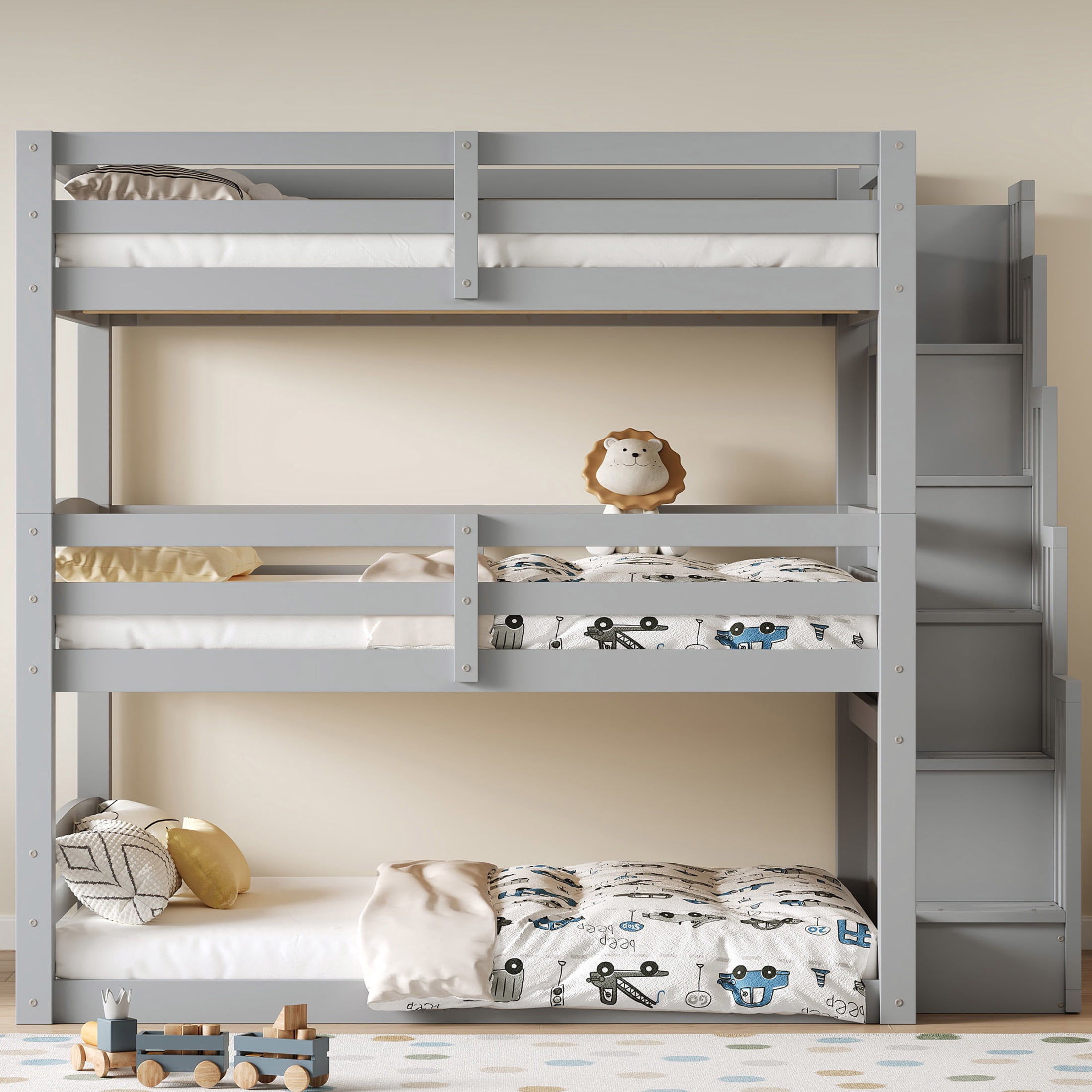 Noble House Full Size Triple Bunk Bed with Storage Staircase, Modern Convertible 3-in-1 Design, Space Saving, Gray