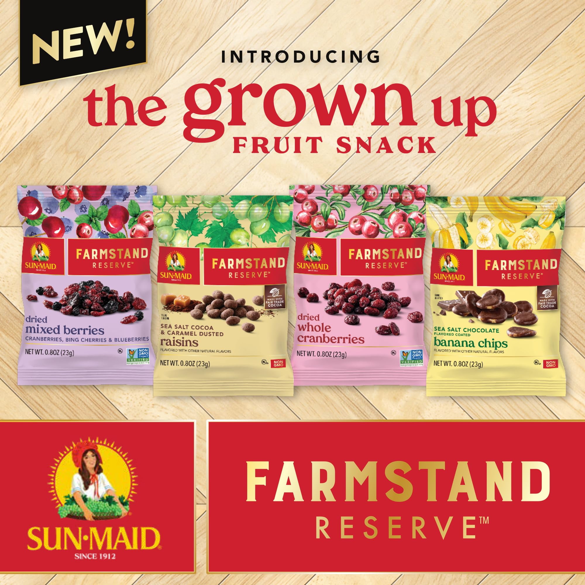Sun-Maid Farmstand Reserve 24 Count Variety Pack - 0.8 oz Snack Bag – (12) Sea Salt Cocoa & Caramel Dusted Raisins + (12) Sea Salt Chocolate Coated Banana Chips ( Exclusive)