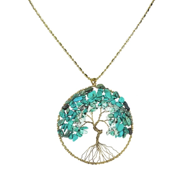 Collar Largo de Latón con el Árbol Eterno de la Vida y Piedra Turquesa Reconstruida