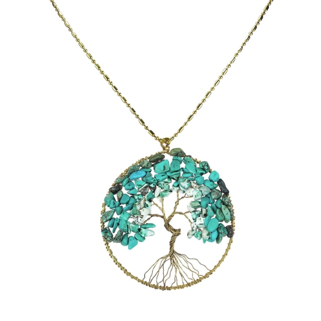 Collar Largo de Latón con el Árbol Eterno de la Vida y Piedra Turquesa Reconstruida