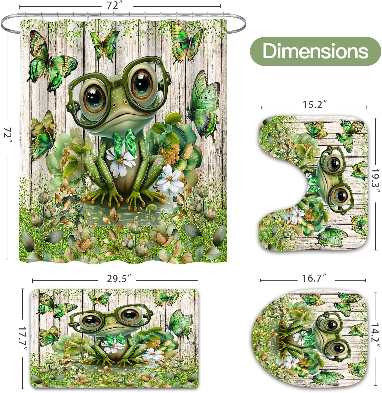 4 Pcs Floral Frog with Glasses Cute Kids Shower Curtain Sets with Rugs for Bathroom Decor, Funny Bathroom Sets with Shower Curtain and Rugs, Country Bathroom Curtain Set (Hooks Not Included)