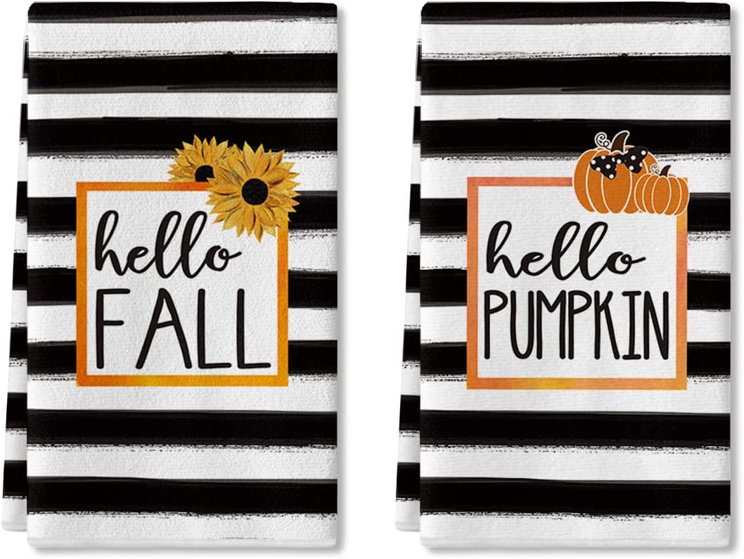 Stripes Hello Pumpkin Fall Kitchen Towels Dish Towels 18 x 26 Inch Fall