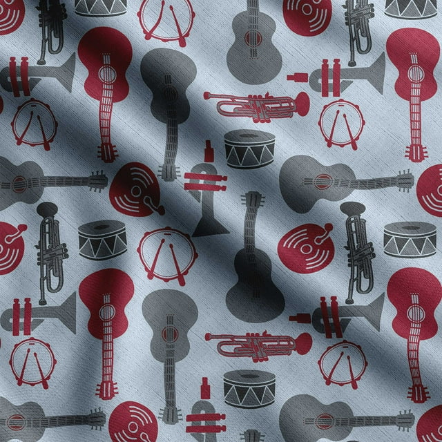 Soimoi Musical Instruments Print, Silk Fabric, Decor Sewing Fabric by The Yard 42 Inch Wide,Decorative Fabric for Shirts Suits Ties, Light Blue