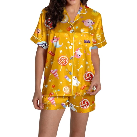 MEZZALL Women Halloween Printed Pajama Lapel Collar Short Sleeve Tops Cozy Home Loungewear Shorts For Fall Holidays Stylish 2 Piece Pjs