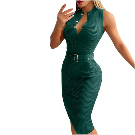 

Red Dress Plus Size Dress for Women Women s Casual Sexy Sleeveless Solid Color Round Neck Single-Breasted Dress(Belt Included) Savings Clearance Dress Pants Women Sequin Dress for Women Green 3XL