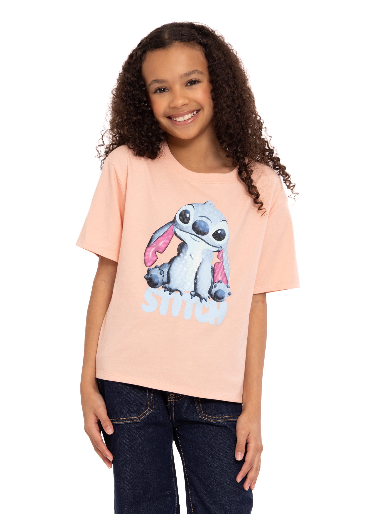 Stitch Girls Embellished Graphic Tee with Short Sleeves, Sizes 4-16