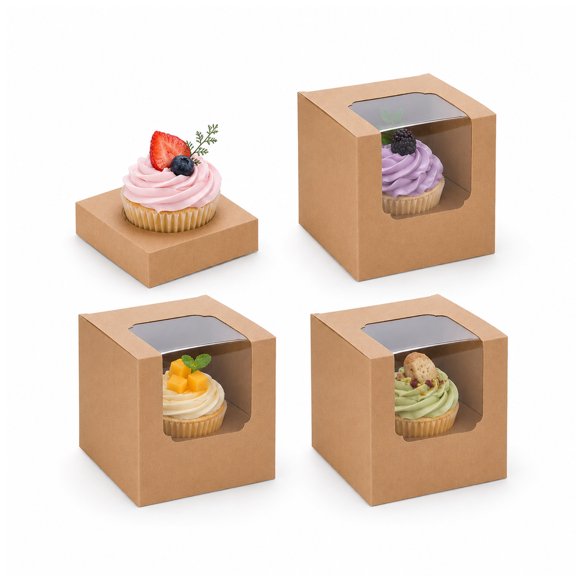 Brown Single Cupcake Boxes with Window, 50 Pack Kraft Paper Cupcake Boxes with Liners, Disposable Bakery Containers for Birthday Party, Wedding, Homemade Treats, Cupcake Gift Boxes