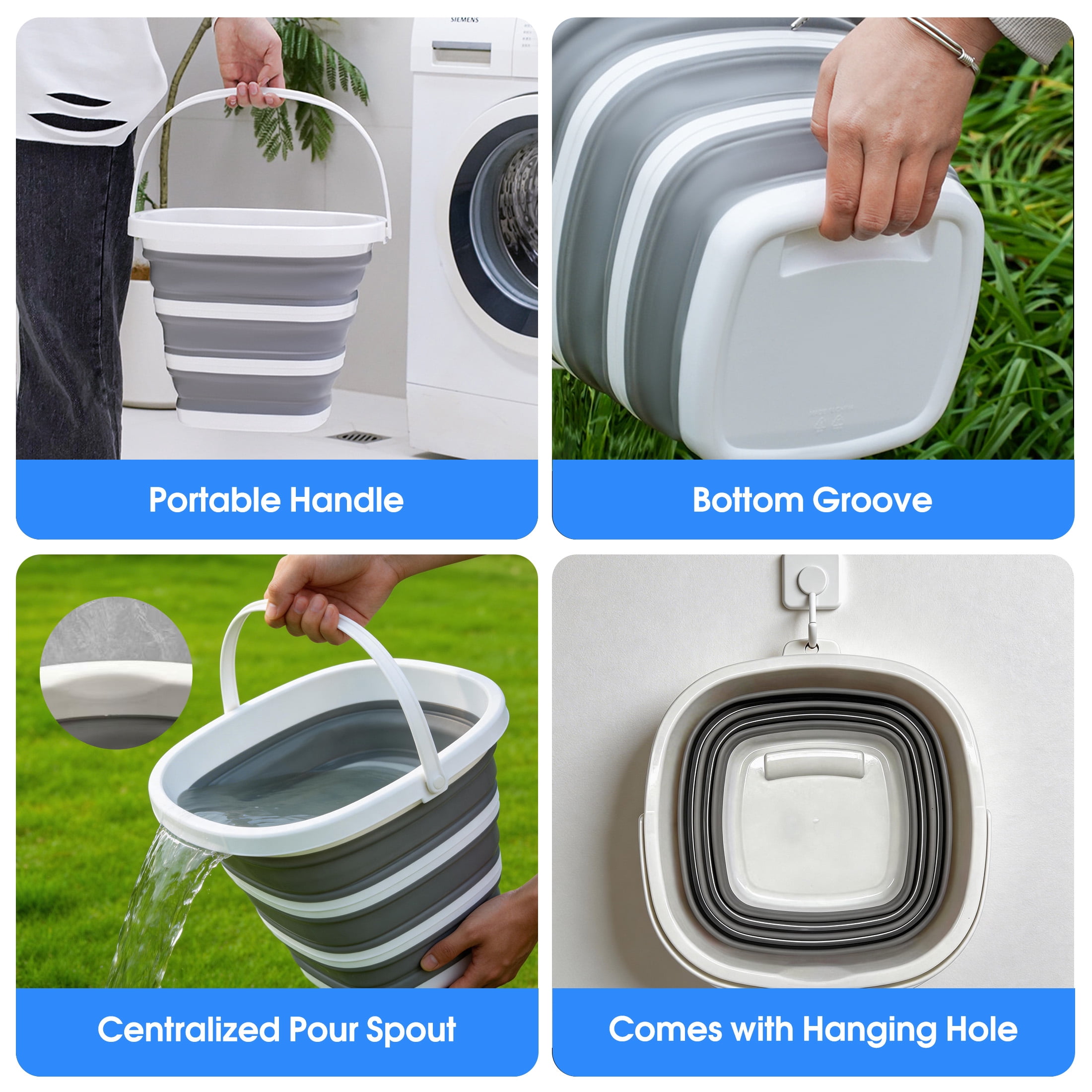 Collapsible Bucket, 10L/2.6 Gallon Portable Square Foldable Water Bucket with Handle, Space Saving Silicone Collapsible Tub for Car Washing, Fishing, Camping, Household Cleaning