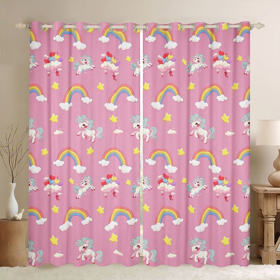 Feelyou Funny Cartoon Unicorn Black Out Curtains, Cute Rainbow Stars Cloud Curtains Pack of 2 (42x63 Each), Kawaii Animal Lover Bedroom Curtains, Blackout Curtains Room Decor