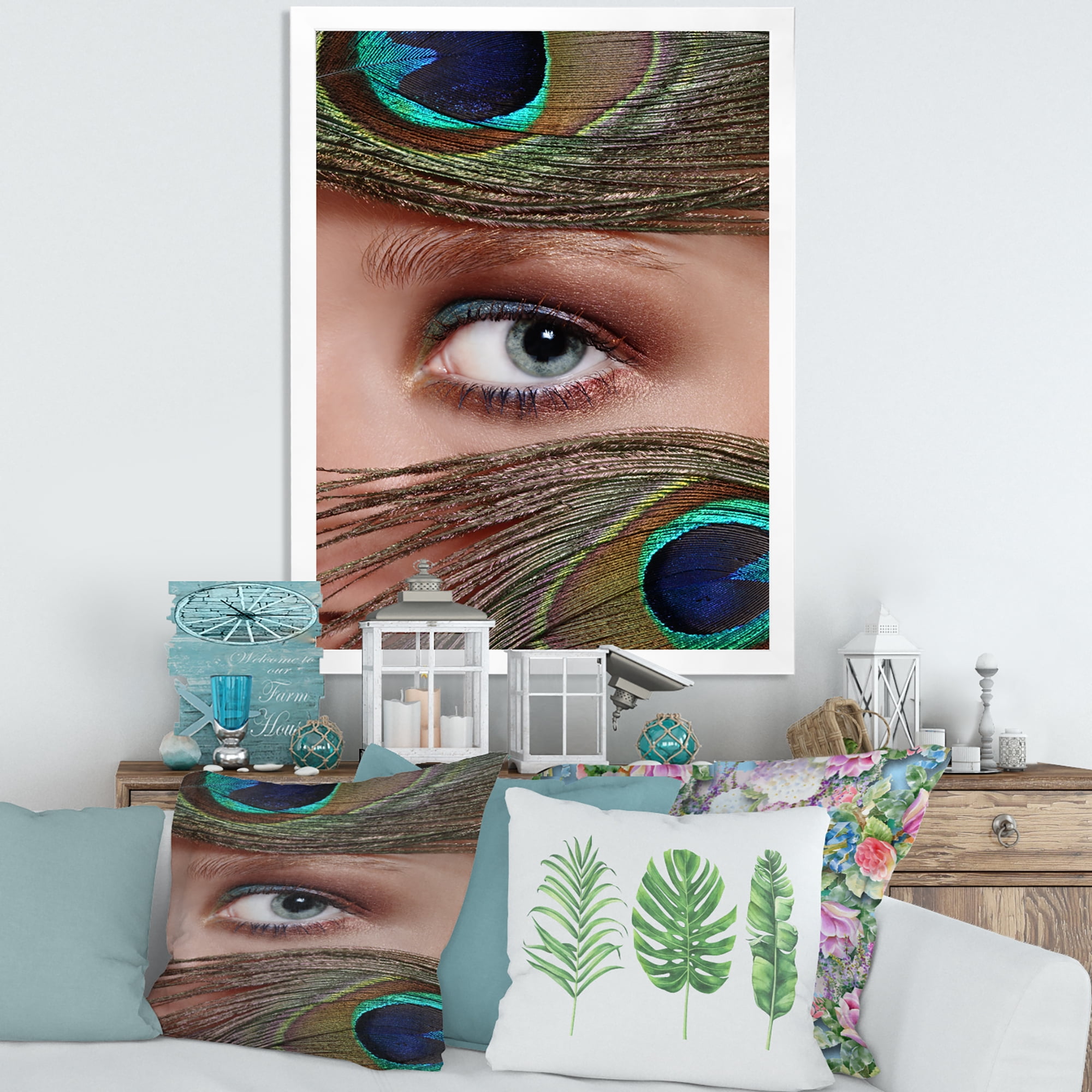 Designart 'Peacock Feathers and Eye' Bohemian & Eclectic Framed Art Print