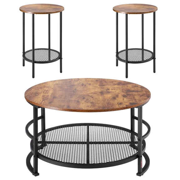 3-Piece Round Coffee Table Set, 31.5 Inch Industrial Style Living Room Tables with 2 Side Tables, Easy Assembly Metal Leg Coffee & End Table Set for Office, Apartment & Living Room