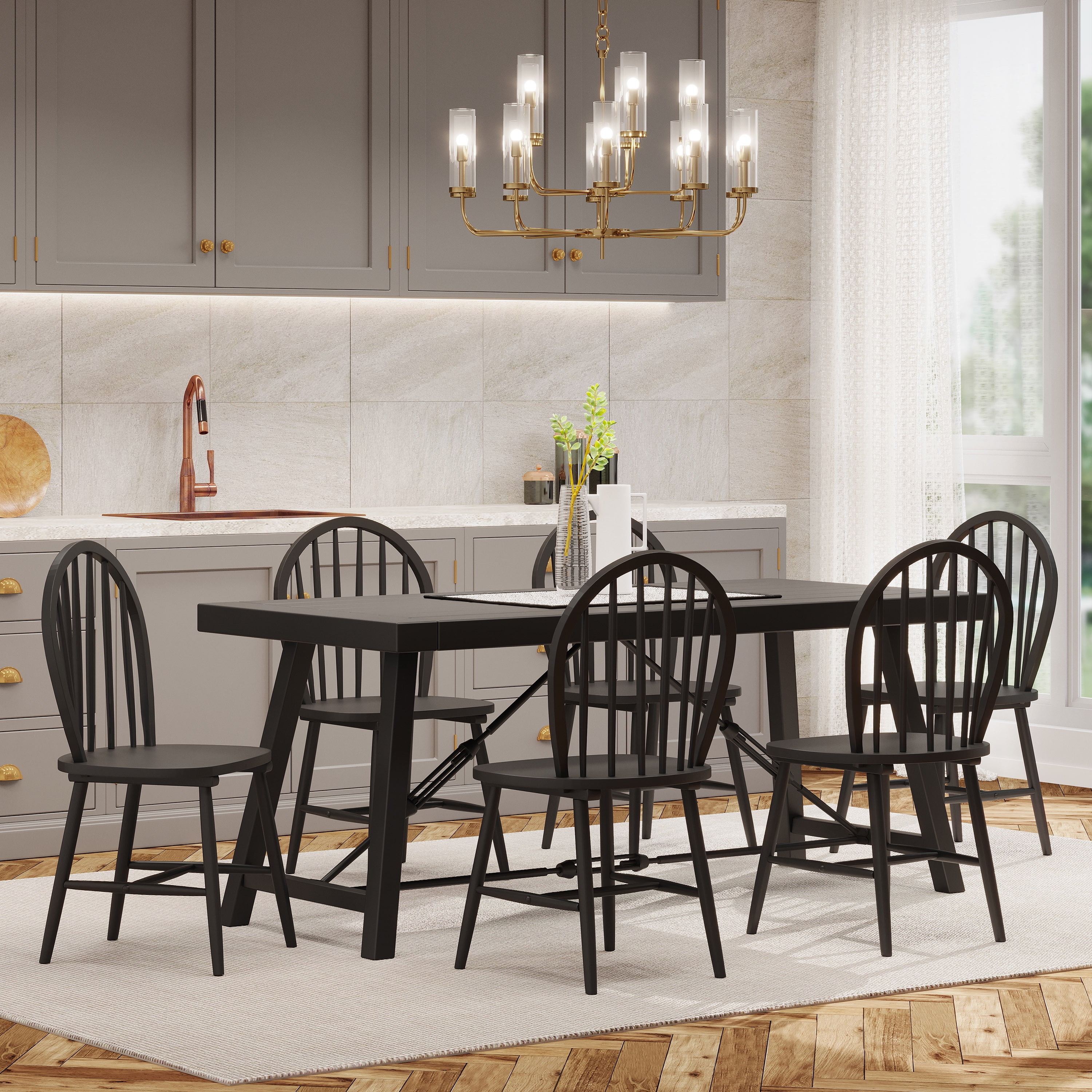Noble House Izaak Metal and Wood 7 Piece Dining Table, Black