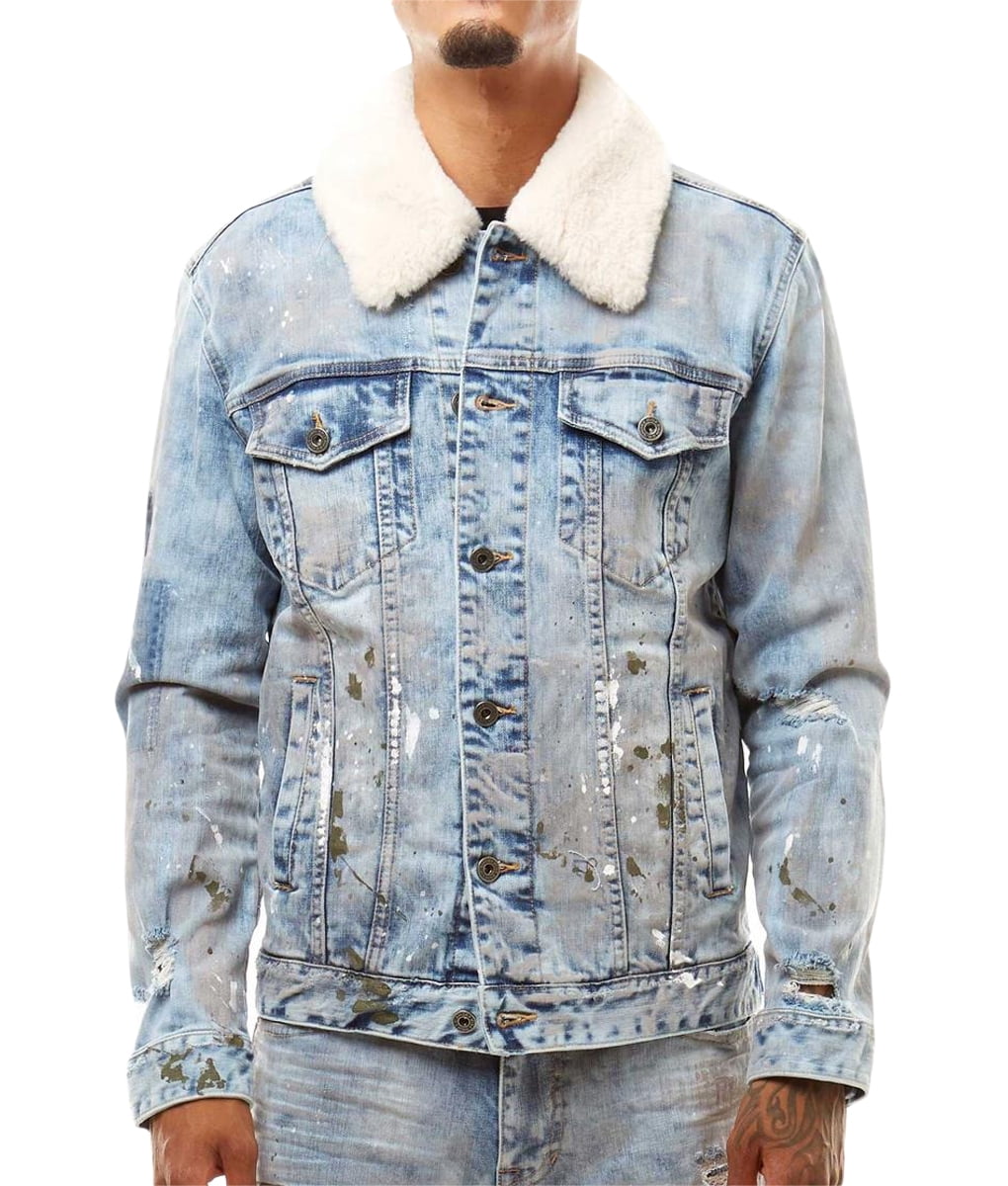 mens denim jacket faux fur collar