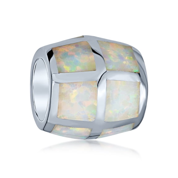 Bling Jewelry Womens White Opal Inlay Barrel Charm Bead Sterling Silver for European Bracelets