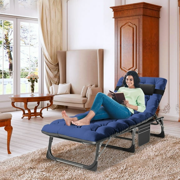 NAIZEA Portable Folding Camping Cot, Patio Lounge Chair with Mattress and Pillow, 5-Position Adjustable