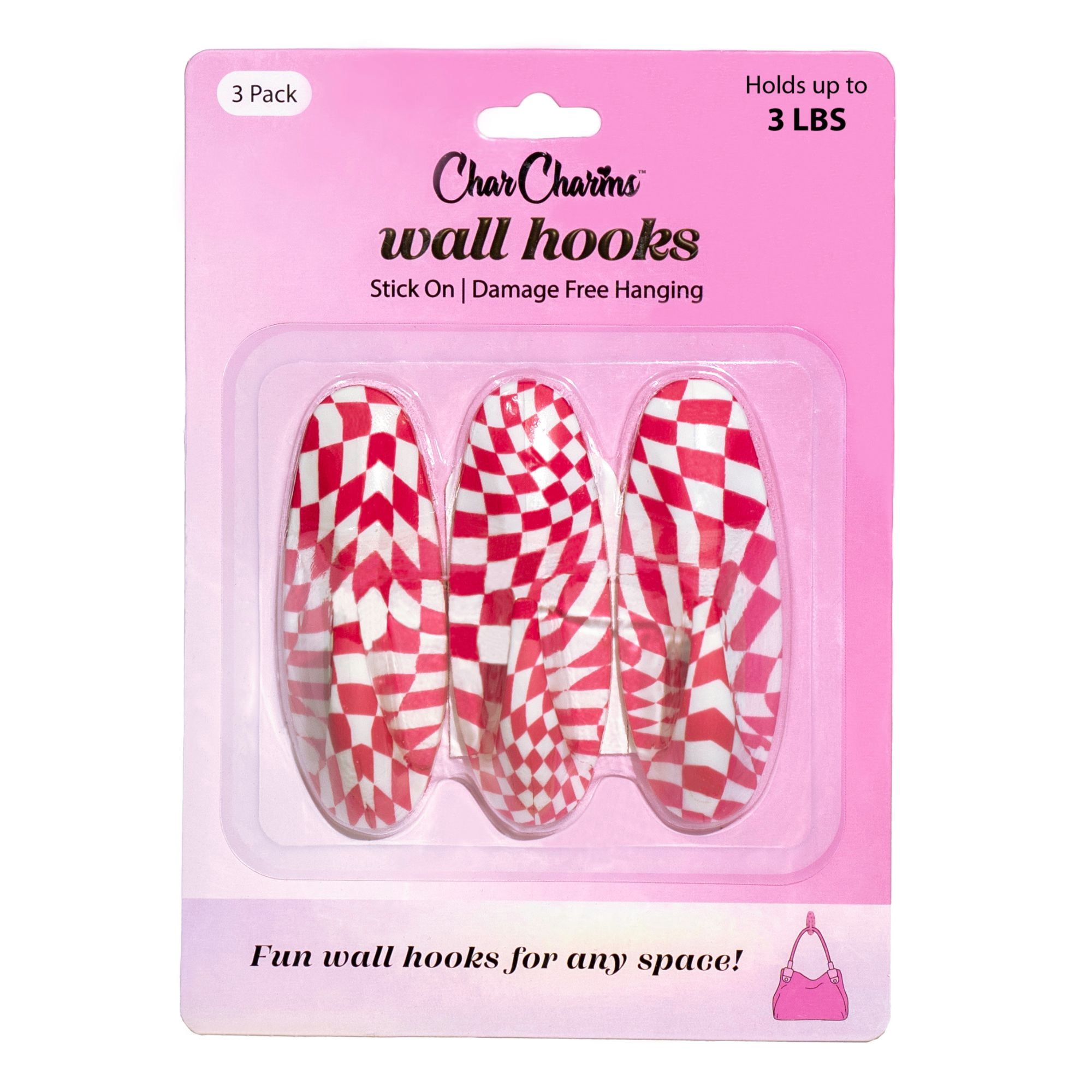 CharCharms Pink Checker Wall Hooks 3-Pack | Stick On Adhesive Decorative Hooks for Damage Free Hanging | Removable Wall Hooks for Dorm Rooms | Keys, Hats, Bags | Hold 3 lbs Each