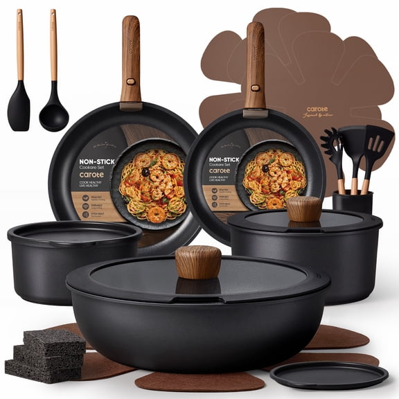 Carote 24-Piece Nonstick Cookware Set, Pots and Pans Set with Detachable Handle, Induction Compatible, Oven & Dishwasher Safe, Black