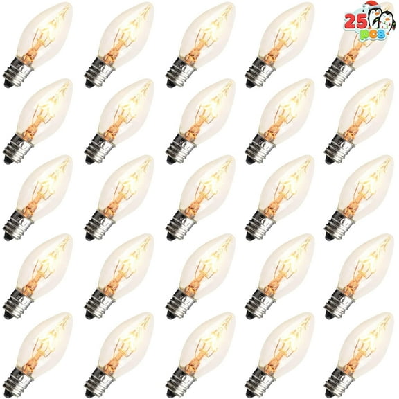 Joyfy 25 Pack C7 Incandescent Replacement Christmas Light Bulbs,Shatterproof Incandescent Bulbs for Christmas Indoor Outdoor String Lights,E12 Candelabra Base,Holiday Bulbs,Warm White