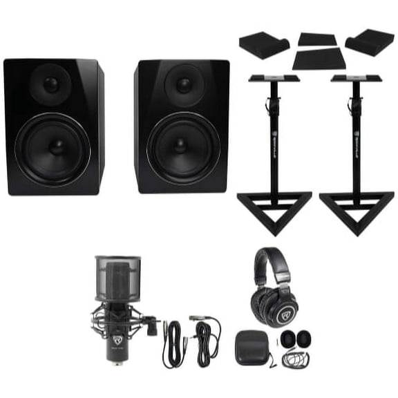 Rockville APM6B Bundle: 6.5" 2-Way 350-Watt Powered USB Studio Monitors, RVSM1 Pair of Monitor Stands, RRS190S Foam Isolation Pads, RCM PRO Studio/Recording Condenser Microphone, 4-items