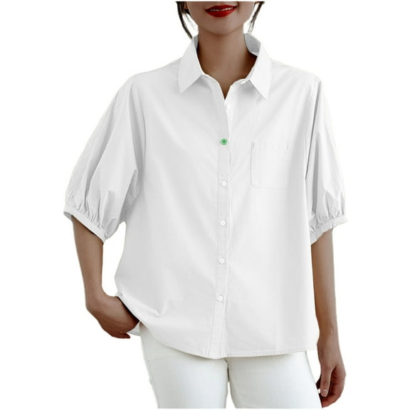 Hvot&aat Women's Puff Sleeve Shirt Cotton And Linen Half-Sleeved Shirt Summer Loose Fit Blouse With Pocket