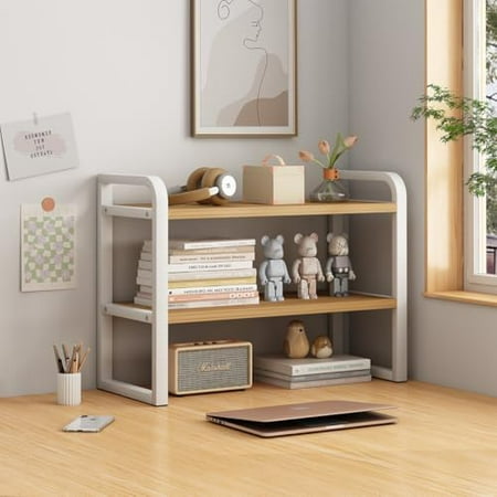Office Desk Shelf Organizer, Wood Desktop Bookshelf Supplies Storage Rack, Shelf for Top of Desk and Dresser and Cubicle Decor Aesthetic Bookshelf (White Wood-Two Tier)