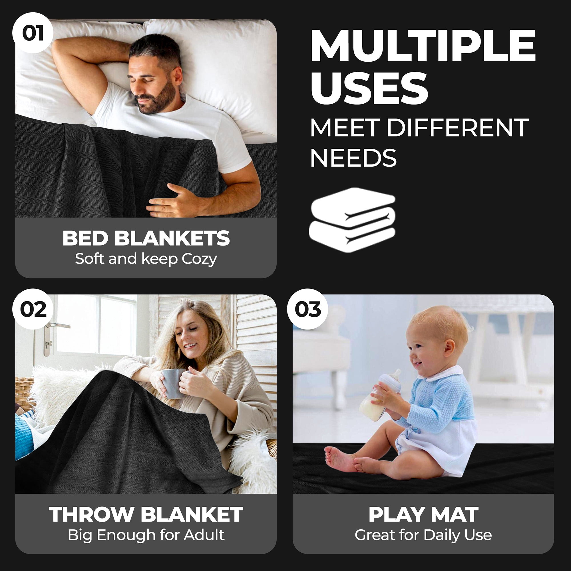 Superior Clara Cotton Striped Woven Blanket, Full Queen, Black