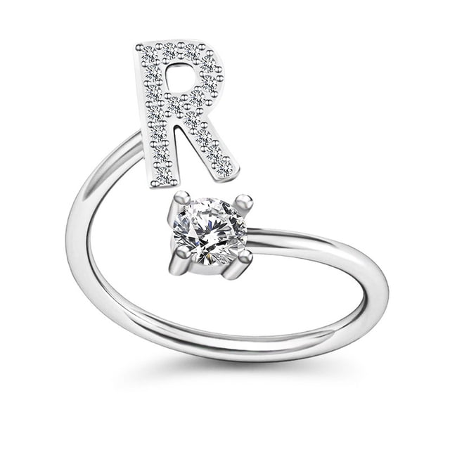 Anillo con letras creativas, sencillo y combinable, de estilo europeo y americano, con diamantes y apertura con 26 letras inglesas, anillo ajustable