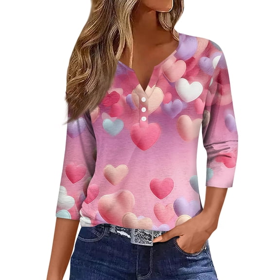 Nokdvo Valentines Day Shirts for Women Lightweight Valentines Print Henley V Neck Baggy Tops 3/4 Sleeve Fall Tunic Shirts,Pink L