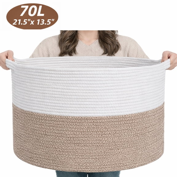 Large Cotton Rope Storage Basket, 21.5" x 13.5" (70L) Round Woven Baskets for Storage, Oversized Organizer with Handles Laundry Basket for Toys, Towels, Books