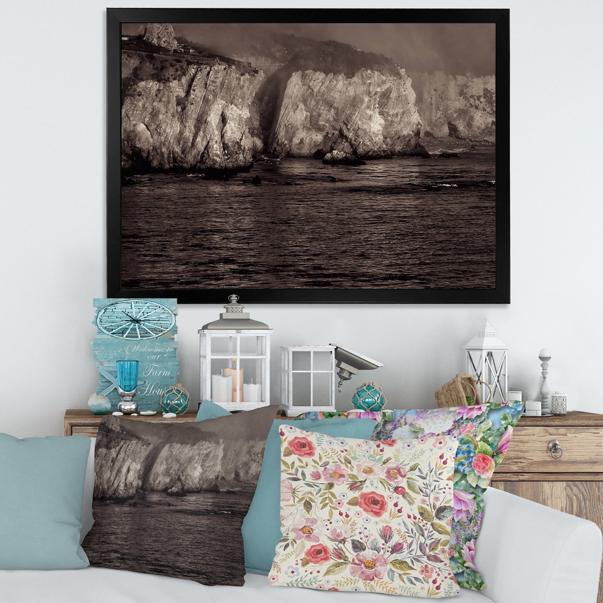Designart 'Gold Cliffs Over Sea In The Fog' Modern Framed Art Print