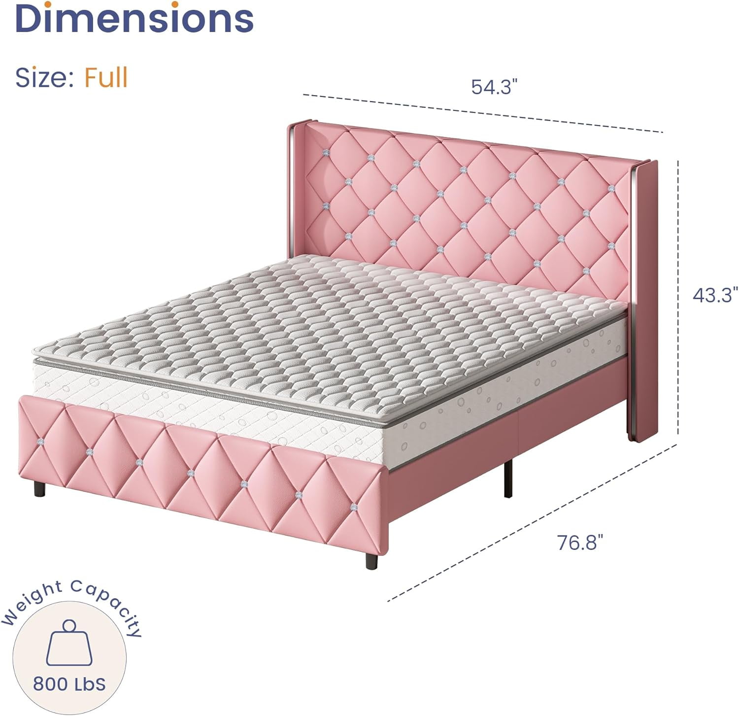 DreamCurship Full Size Bed Frame, Pink Bed Frame with Headboard and Footboard, Modern Upholstered Bed Frame, Pink