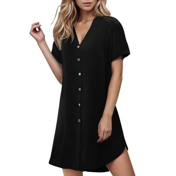 Tnhcen Women's Sexy V Neck Short Sleeve Dress Plus Size S-2XL Knit Fabric Casual Nightgown Loose Fit Sleepwear for Women