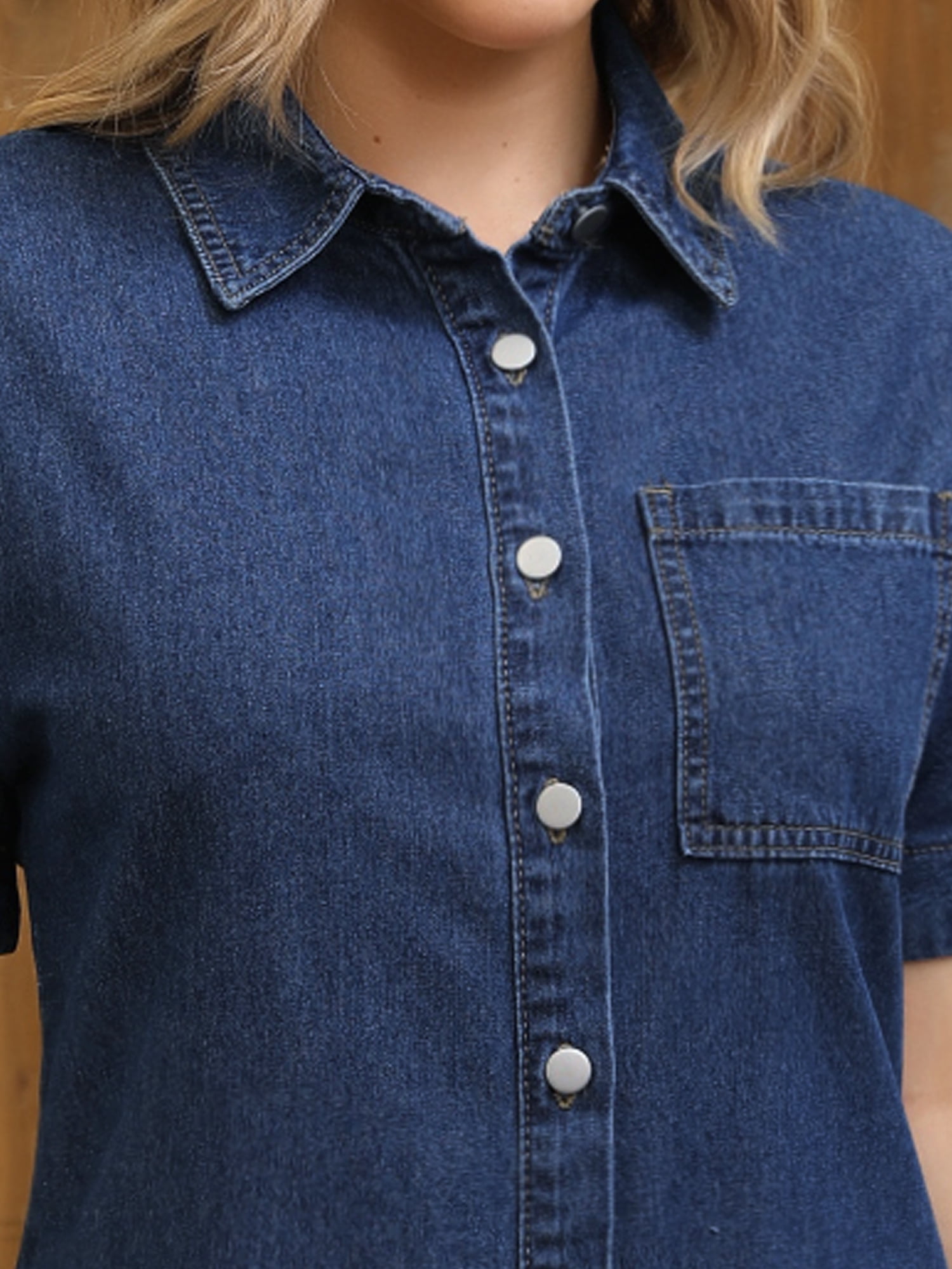 DARING DIVA Short Sleeve Denim Collared Button Front Jean Dress L Dark Blue