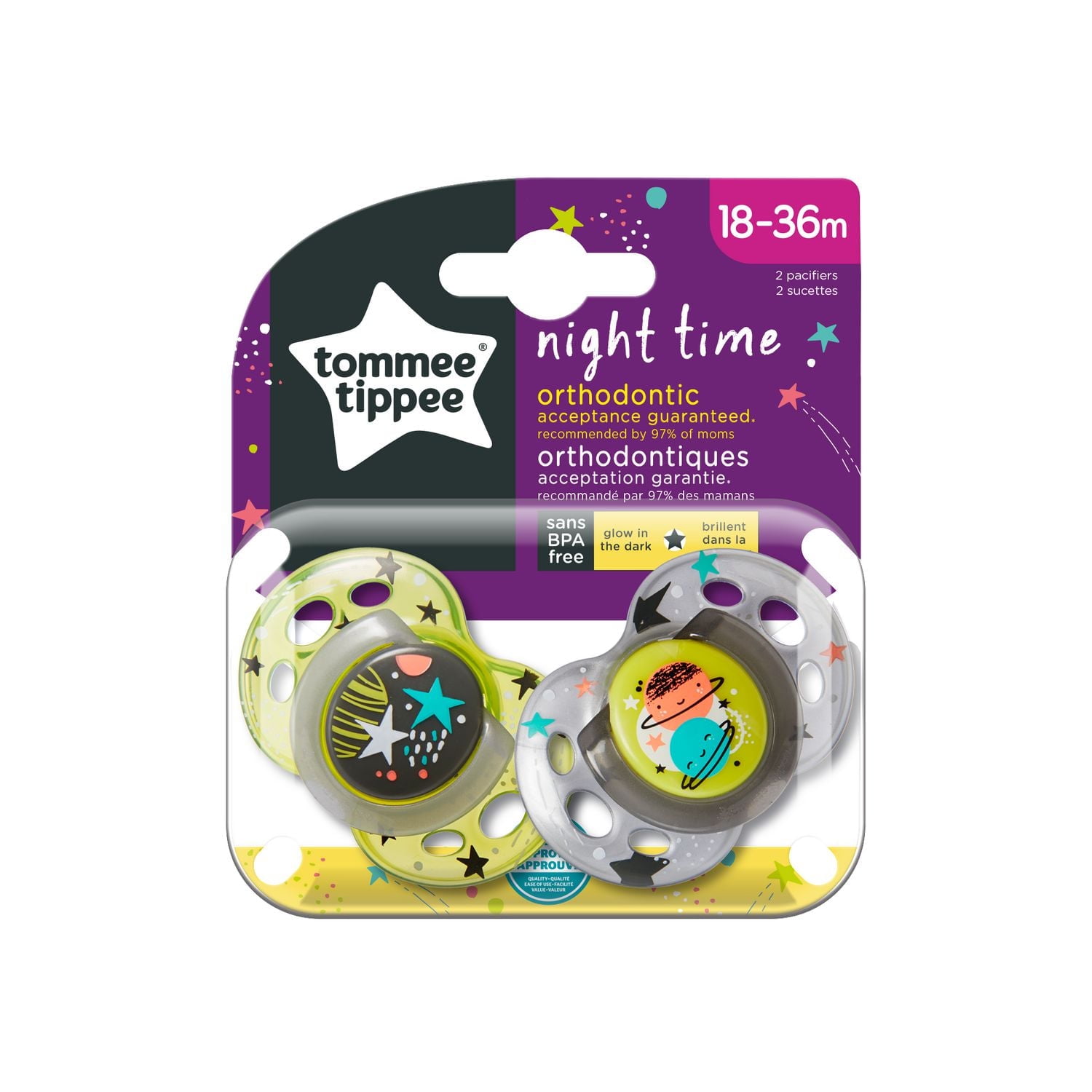 Sucette nocturne Closer to Nature de Tommee Tippee, 18-36m (les couleurs peuvent varier) Paq. de 2
