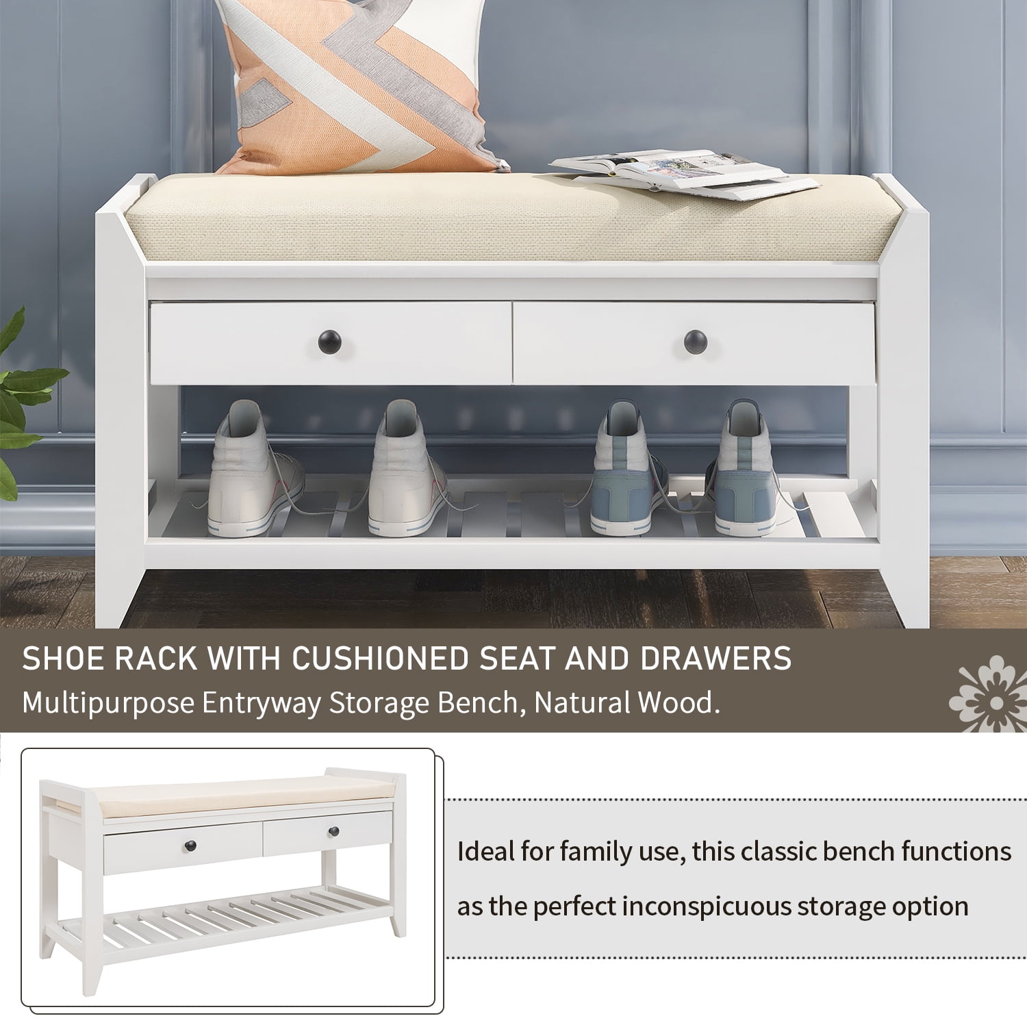 DEALTOPS Vintage Storage Bench with 2 Drawers and Soft Cushion, Multipurpose Shoe Rack for Entryway - White
