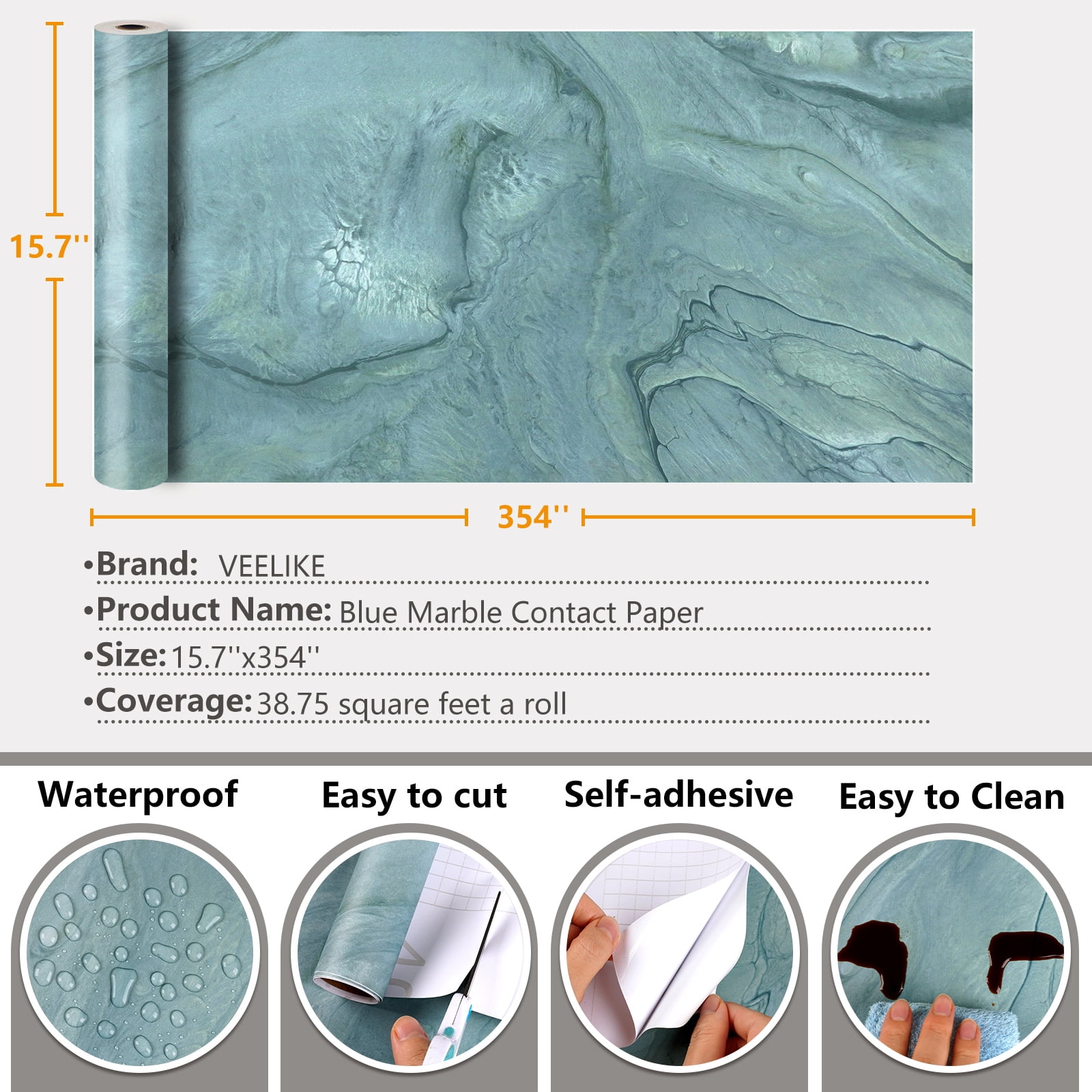VEELIKE 15.7''x354'' Blue Marble Contact Paper for Countertops Waterproof Peel and Stick Blue Marble Contact Paper for Kitchen Self Adhesive Marble Wallpaper Vinyl Roll for Bathroom Backsplash