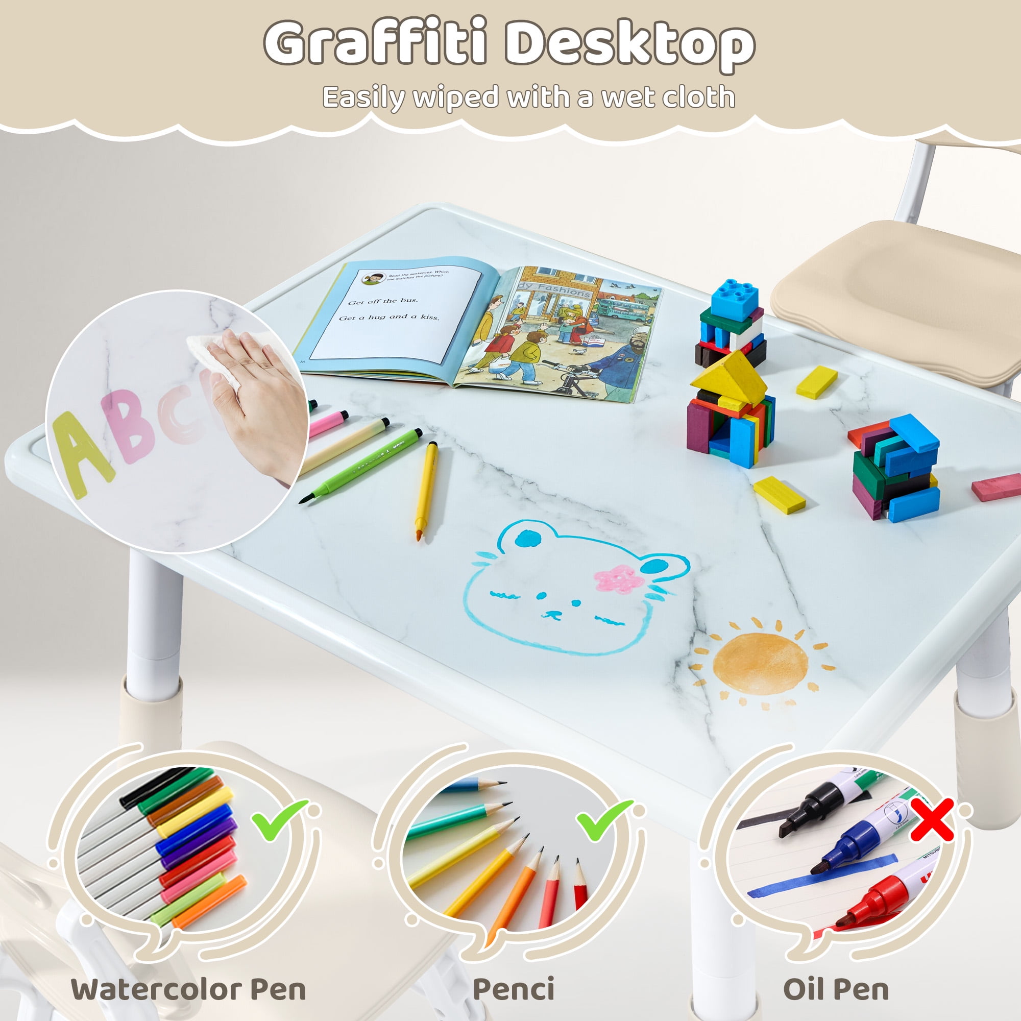 Toddler Table and 4 Chairs Set, Height Adjustable Kids Table and Chair Set, 31.5''L x 23.6''W, Marble Pattern & Graffiti Desktop, Children Multi-Activity Table for Home/Daycare/Classroom