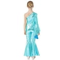 thumbnail image 4 of MSemis Girls Hippie Jumpsuit One Shoulder Flared Long Sleeve Bell-Bottom Pants Wide Leg Romper Disco Blue 6, 4 of 6