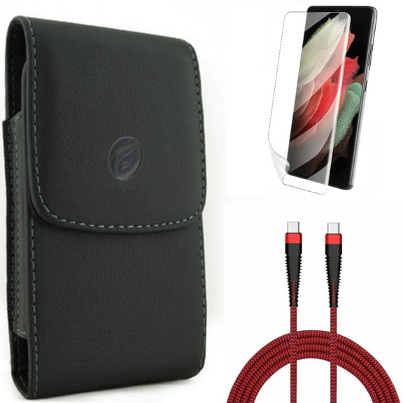 Case Belt Clip w 10ft PD Cable w Matte Screen Protector for Samsung Galaxy S21 Plus - Leather Holster, Type-C to USB-C Charger Cord, TPU Film Anti-Glare Accessory Bundle